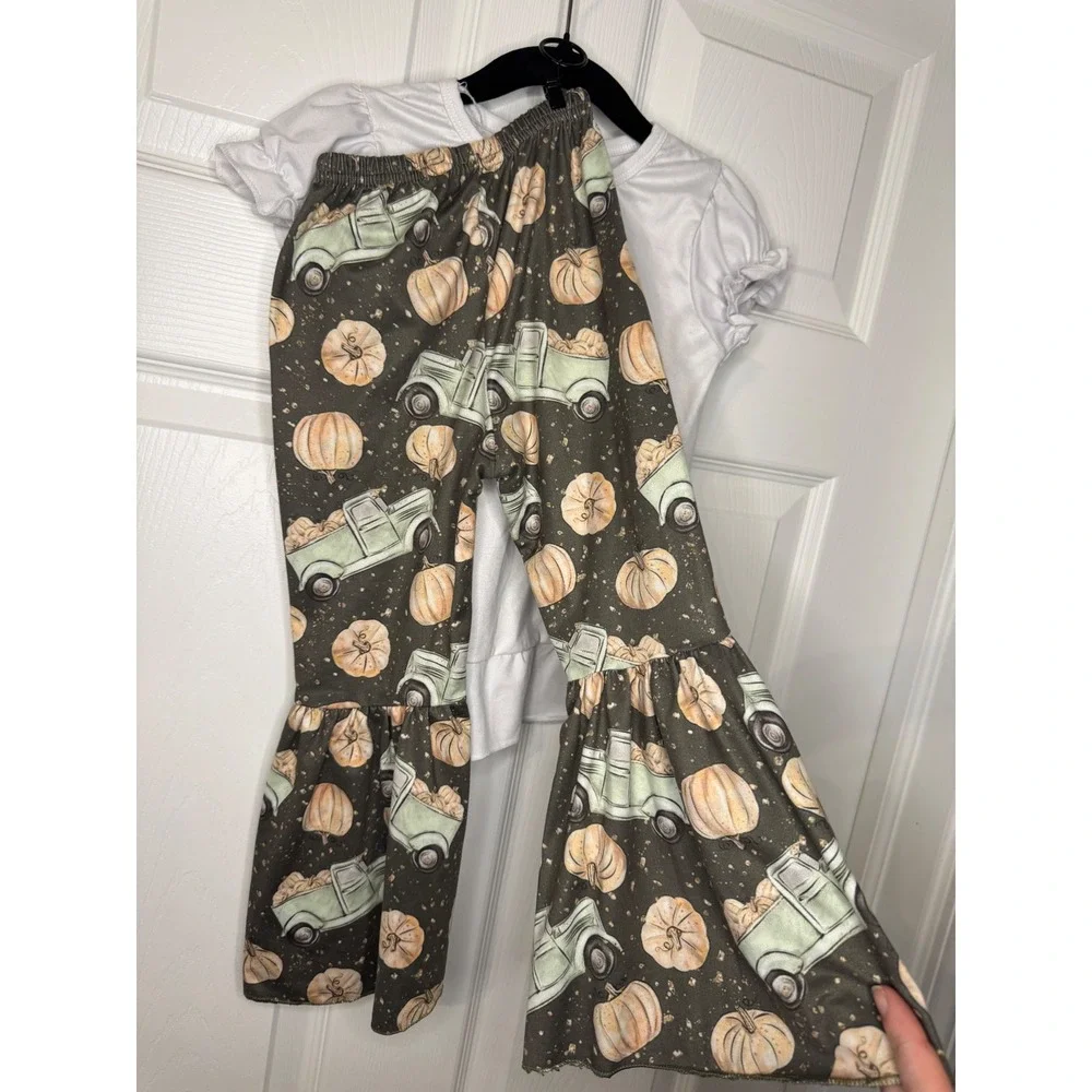 Toddler Girls Pumpkin Patch Truck Bell Bottom Outfit Set 2T White Green Brown